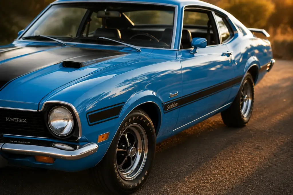 1971_Ford_Maverick_Grabber_Features_Closeup_Golden_Hour Ford Maverick Grabber package graphics and spoiler